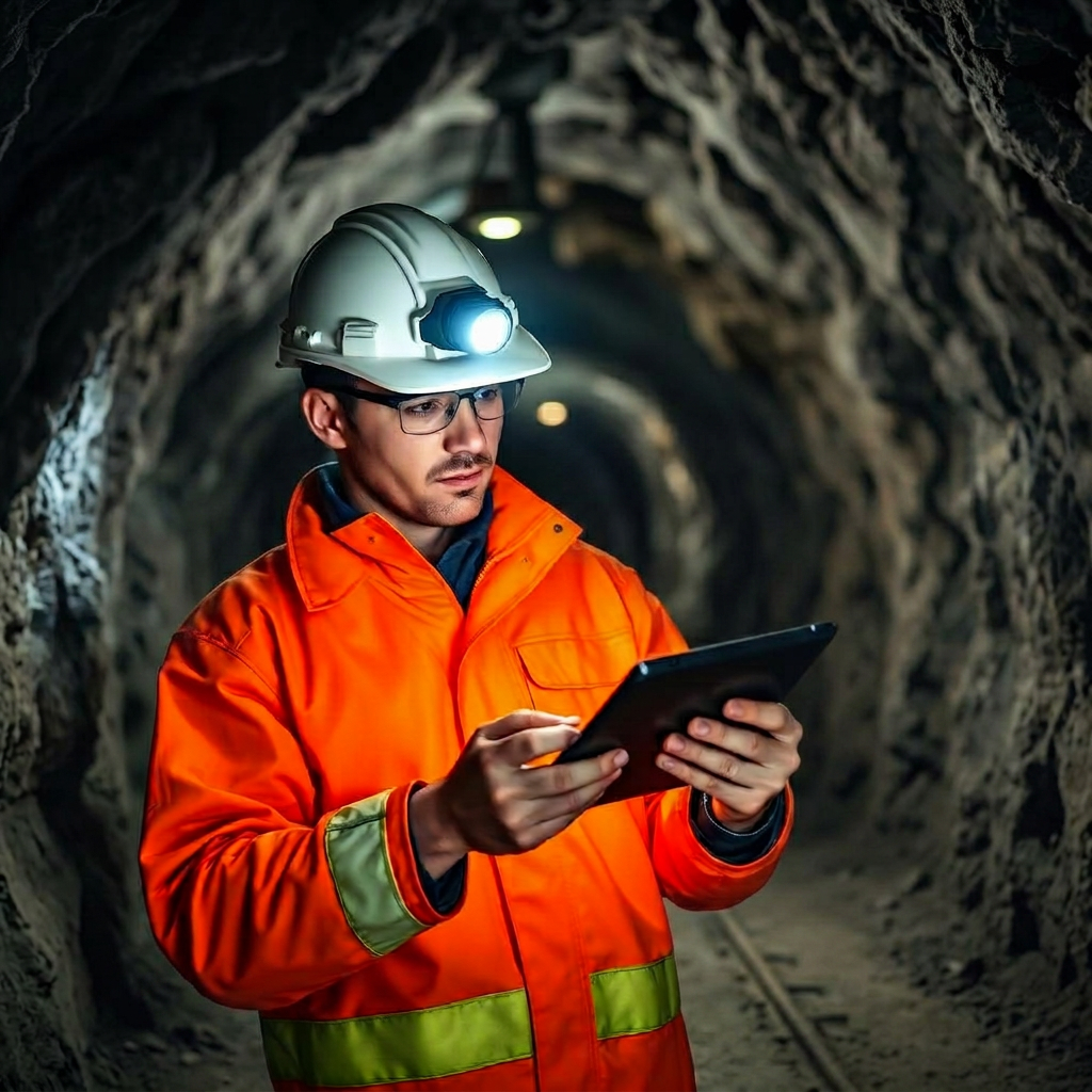 Inspector de calidad registrando datos en tablet dentro de un túnel de mina